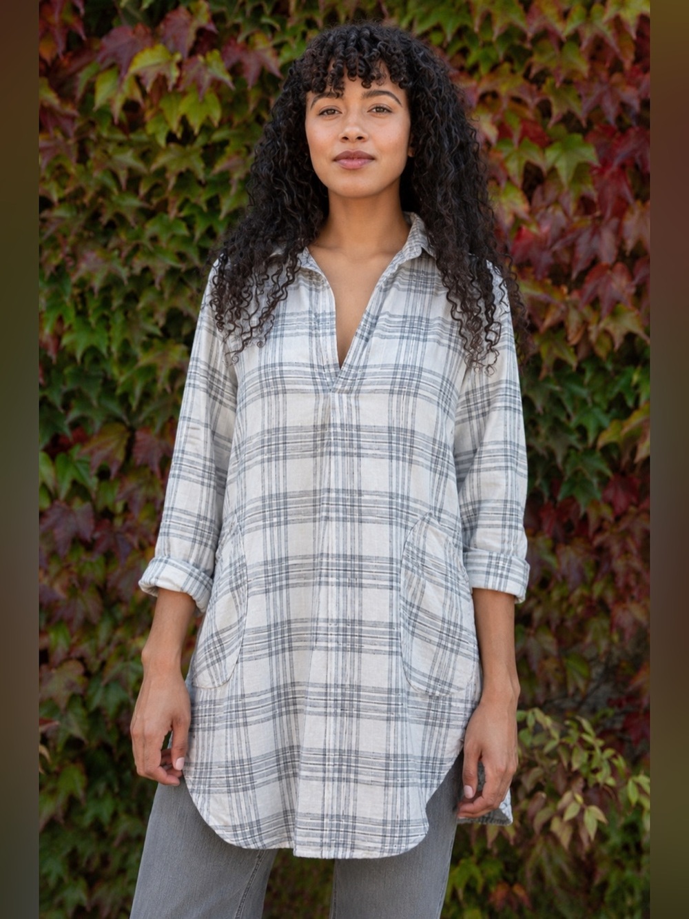 CP Shades 100% Linen Teton Tunic Womens Plaid Long Sleeve Shirt Large *76